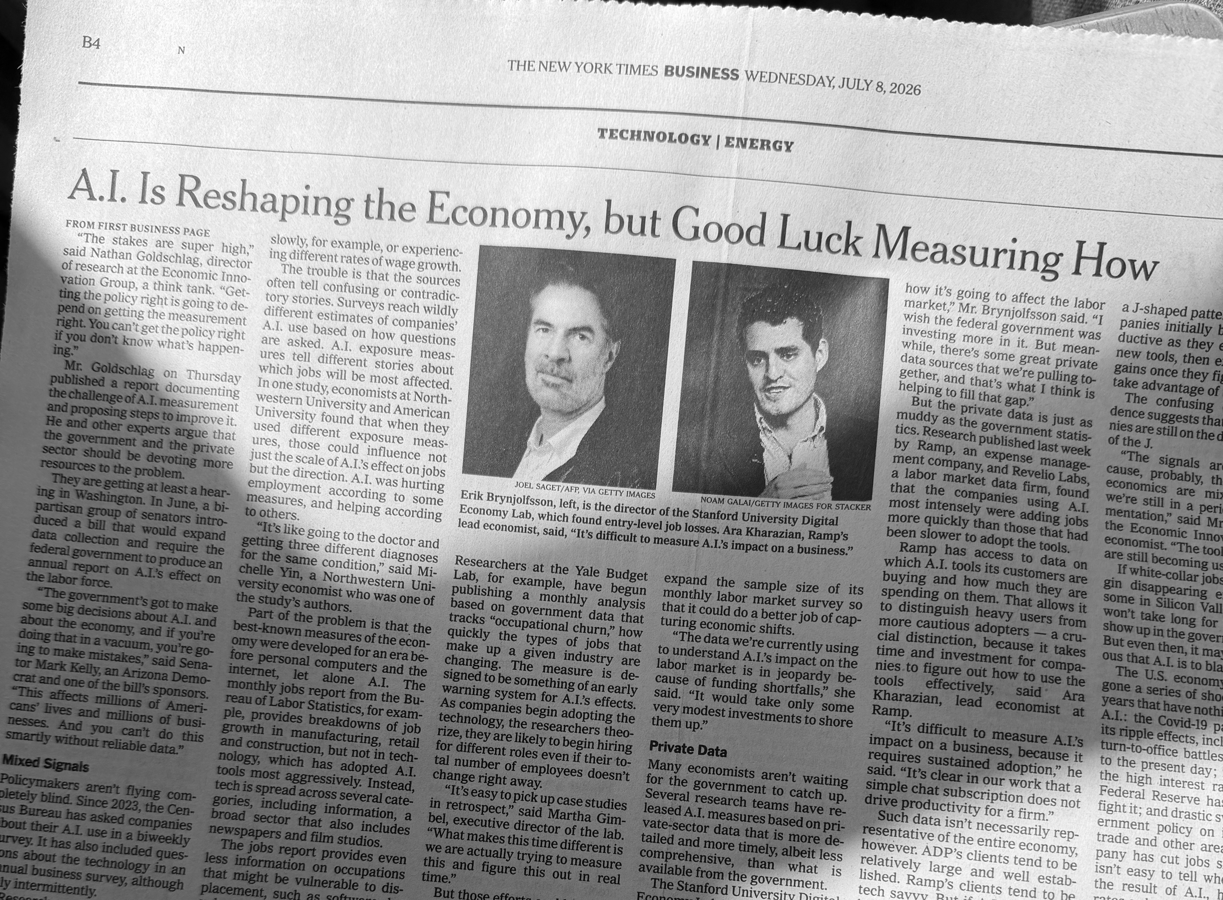 New York Times article about measuring AI's impact on the economy